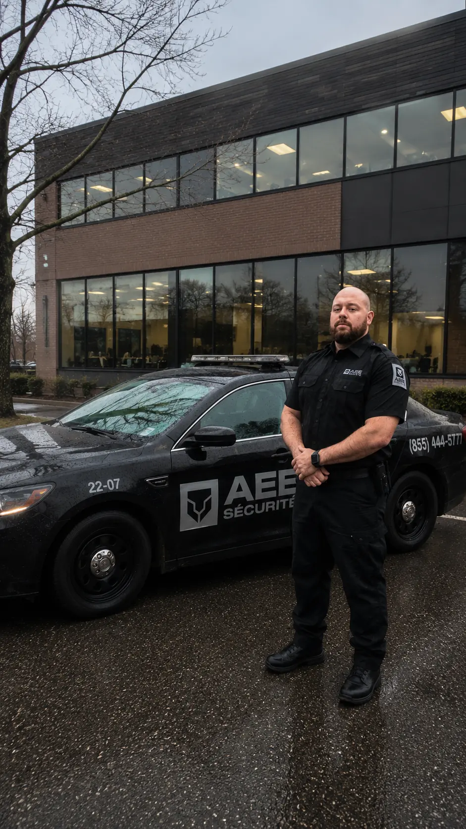 AEE Security agent in front of black patrol vehicle, ready for response in Quebec