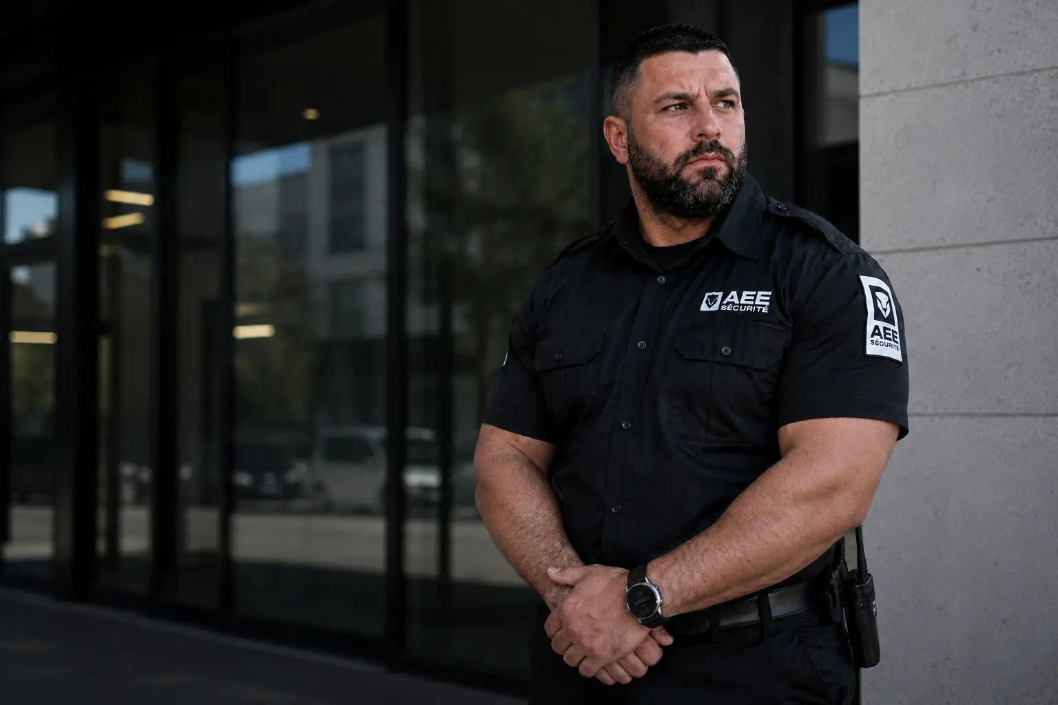 Agent de sécurité AEE en uniforme devant un bâtiment corporatif